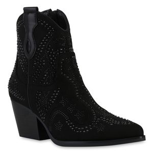 VAN HILL Damen Cowboy Boots Stiefelette Spitz Strass Schuhe 840898, Farbe: Schwarz, Größe: 38