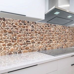 Küchenrückwand Festungsmauer 60 x 400 cm, robuste ABS-Kunststoff Platte Monolith mit Direktdruck, Steinoptik, braun