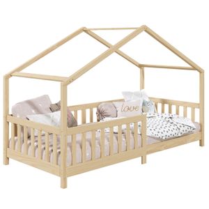 Hausbett LISAN aus massiver Kiefer in natur, schönes Montessori Bett in 90 x 200 cm, stabiles Kinderbett mit Rausfallschutz und Dach