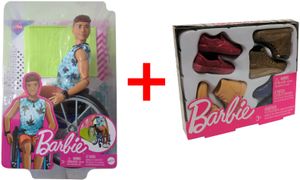 Mattel Barbie 2er Set HJT59 Ken im Rollstuhl mit Fahrrampe und GNJ69 4er Pack Schuhe für Ken, Sammelfigur, Puppenzubehör, Geschenk-Set
