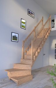 Drevené schodisko Lindos (dub) v ¼ točitej konštrukcii vpravo - 100 cm - drevený dizajn zábradlia - so stúpačkami na oboch stranách