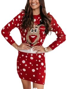 Damen Weihnachten MiniKleider Winter Elchdruck Pullover Kleid Bodycon Langarm, Farbe:Rot, Größe:M