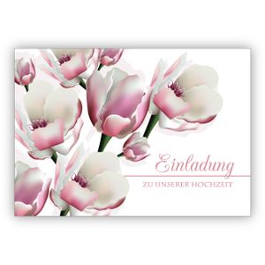 4x Zauberhafte Einladungskarte mit leichten Blüten für Brautpaare: Einladung zu unserer Hochzeit