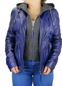 Damen Lederjacke Heike, abnehmbare Kapuze, blau, Größe S Damen Lederjacke Heike, abnehmbare Kapuze, blau, Größe S