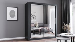 Schwebetürenschrank Kleiderschrank Schrank 180cm Schwarz/Schwarz mit zwei Spiegeln Milan