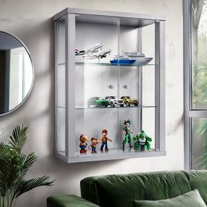 K-Möbel Hängevitrine Glas in Alu / Silber (80x60x25 cm) mit 2 höhenverstellbaren Glasböden - Glasvitrine hängend - Wandvitrine Vitrinenschrank Silber