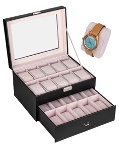 Uhren Aufbewahrungskiste Uhrenbox Uhrenkoffer Uhrenkasten für 20 Uhren, Farbe Innenfutter:rosa