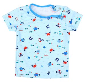 Aquarti Baby Jungen Bade-Set Zweiteiliger Kinder Badeanzug T-Shirt Badehose UV-Schutz, Farbe: Kleine Fische Hellblau / Blau, Größe: 98
