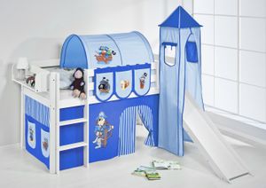 Lilokids Spielbett JELLE Pirat Blau Blau - Hochbett - weiß - mit Turm, Rutsche und Vorhang - Maße: 113 cm x 208 cm x 98 cm; JELLE3054KWTR-PIRAT-BLAU-S