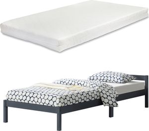 Holzbett Nakkila mit Matratze 90x200 cm Einzelbett mit Kaltschaummatratze  Standard 100 Jugendbett Gästebett Kiefernholz Dunkelgrau Matt