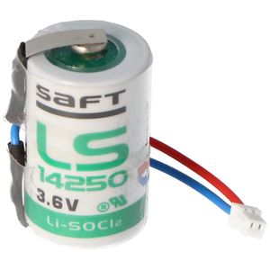 Bateria Saft Lithium 3.6V LS14250 z kablem i wtyczką w środku ogniwa na zewnątrz