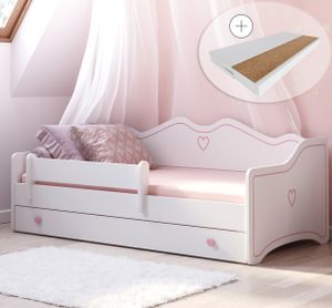 Mädchenbett Kinderbett Jugendbett 80x180 mit Matratze Rausfallschutz & Schublade | Prinzessin Kinder Sofa Couch Bett umbaubar weiß rosa