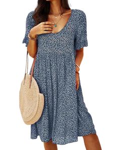 Damen Plissee Loses Kleider Strand Kurzarm Mini Kleid Lässige Floral Gedruckt Chiffonrock Navy blau,Größe:Xl