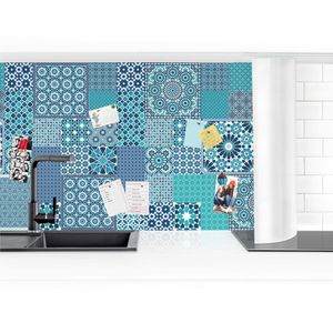 Küchenrückwand - Marokkanische Mosaikfliesen türkis blau, Größe HxB:90cm x 250cm, Ausführung:Smart matt