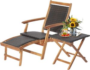 GOPLUS Deckchair mit Beistelltisch, Gartenstuhl aus Akazien Holz & Polyratten, klappbarer Liegestuhl mit Tisch für Garten, Balkon & Pool