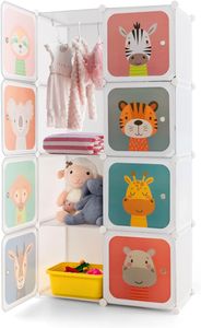 Kinderkleiderschrank mit 8 Würfeln, Kinder Kleiderschrank Regalsystem aus Kunststoff, Kinderschrank mit Türen & Kleiderstange für Kinderzimmer, 75x37x145cm (8 Würfeln - Tier)