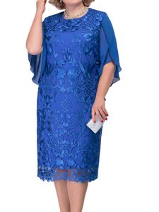 Damen Abendkleider Floral Midikleid Große Größe Spitzenkleid Ballkleider Drinnen Kleid Königsblau mit Chiffonhülle,Größe 3XL