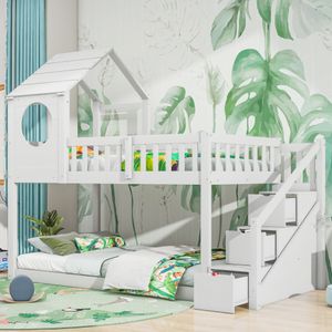 Flieks Etagenbett 90x200cm mit Treppe und Rausfallschutz, Hochbett mit Lattenrost und Schubladen, Kinderbett Hausbett für 2 Kinder