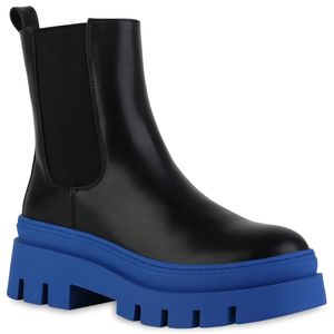 VAN HILL Damen Plateau Boots Stiefeletten Blockabsatz Stiefel Profil-Sohle Schuhe 839451, Farbe: Schwarz Blau, Größe: 39