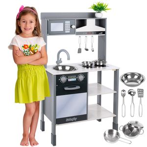 Kinderplay Kinderküche Spielküche Holz - Kinderküche aus Holz, für Kinder Küche, Zubehör aus Edelstahl (GS0062)