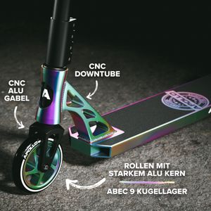 Apollo Stunt Scooter - Genesis Pro X Competition | High End Stuntscooter, ABEC 9 Kugellagern | Trick Roller mit 120mm Wheels und Alu Core | Stunt Scooter Erwachsene Edition |Tretroller, Stuntroller, - Rainbow