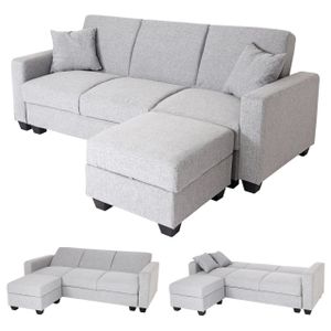 Sofa HWC-H47 mit Ottomane, Couch Sofa Gästebett, Schlaffunktion Stauraum 217x145cm  Stoff/Textil hellgrau