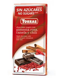 Bitterschokolade mit rosa Pfeffer, Zimt und Chili ohne Zuckerzusatz 75g TORRAS