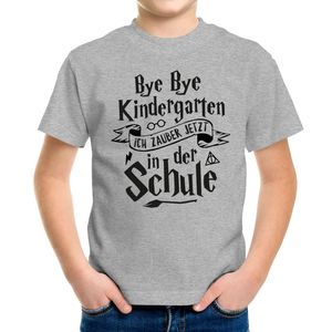 Kinder T-Shirt Jungen Bye Bye Kindergarten ich zaubere jetzt in der Schule Geschenk zur Einschulung Schulanfang Moonworks® grau 122-128 (7-8 Jahre)
