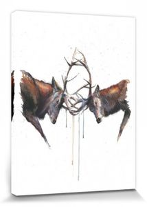 Hirsche Poster Leinwandbild Auf Keilrahmen - Brunftkampf Zweier Hirsche, Sarah Stokes (80 x 60 cm)