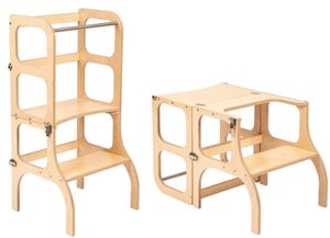 Helferturm 2in1 Tisch | Montessori Küchenhelfer für Kinder | Lernturm Schemel aus Holz | Küchenhelfer Lernstuhl | Stehhocker