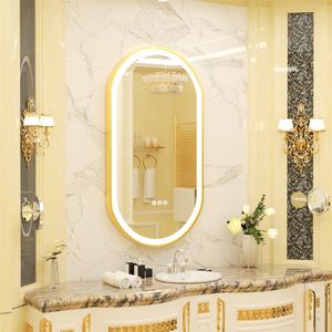 WISFOR LED Badspiegel mit goldenem Aluminiumrahmen 50 x 100 cm, Wandspiegel mit Touch Schalter, Anti-Fog dimmbar für Badezimmer Schlafzimmer Make-Up,