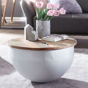 WOHNLING Couchtisch Mango 60x34x60 cm Massivholz Metall Tisch Weiß Industrial Rund, Design Wohnzimmertisch mit Stauraum, Loungetisch Sofatisch Modern