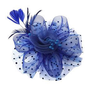 Party Fascinator Hut Mesh Feder Blumen Dekor Kopfschmuck Hochzeit Kopfbedeckung Kunstperle Bühnenauftritt Kopf Dekor Hut Braut Haarschmuck-Königsblau