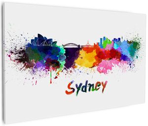 Wallario Premium Leinwandbild Städte als Aquarell - Skyline von Sydney in Größe 60 x 90 cm