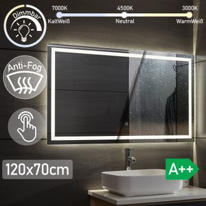 Aquamarin® LED Badspiegel - 120 x 70 cm, Beschlagfrei, Dimmbar, EEK A++, Energiesparend, mit Speicherfunktion - Badezimmerspiegel, LED Spiegel, Lichts