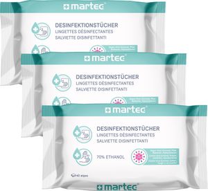 Martec 3x40er Pack Desinfektionstücher Hand Desinfektions-Mittel Desinfektionsspray Hygiene Viren Pilze Bakterien