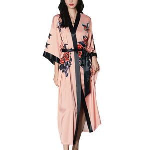Vivi Idee Morgenmantel damen leicht Bademantel kimono lang satin Sauna Bathrobe Schlafmantel Einheitsgröße Rose Vogel