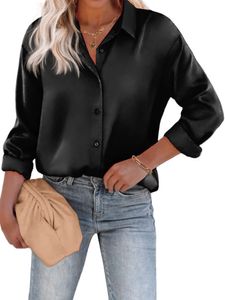 Damen Blusen Satin Tshirts Reverskragen Sommer Shirts Lässige Bluse Button Down Hemden Schwarz,Größe L