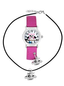 Pacific Time Armbanduhr Mädchen Eule am Textilarmband rosa + Kette 20259