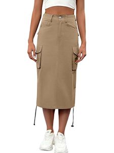 Damen A-Linien-Röcke mit Taschen Midirock Lässige Röcke Lange Cargo Röcke Sommerrock Khaki,Größe XL