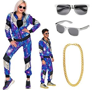 Set 80er Jahre Trainingsanzug für Sie und Ihn - Disco Look  in Gr. S bis 2XL - mit Goldkette und Brille M - 170-175 cm