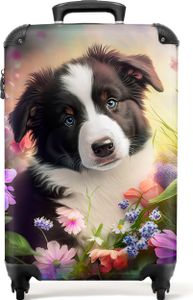 NoBoringSuitcases.com® Koffer Handgepäck Trolley Rollkoffer Kleine Reisekoffer mit 4 Rollen - Welpe - Sonne - Blumen - Natur - Border Collie - Hund - Cabin Size < 55x40x23 cm & 55x40x20 cm - Fotokoffer - Kabinenkoffer - BoardgepäckHandgepäck Koffer 55x35x20 cm, 36L,