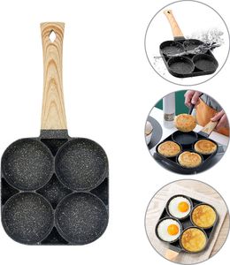 4-Loch Alu Antihaft Bratpfanne Eierpfanne mit Holzgriff Omelettpfanne für Burger Spiegeleier Kuchen 35.2*18.3cm