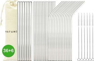 NATUMO ® Edelstahl Strohhalm wiederverwendbar, Metall Trinkhalm Set - 36 Strohhalme gerade,  gebogen + extra breit, inklusive 6 Bürsten und 3 Beuteln