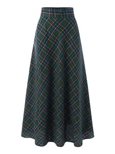Damen Maxiröcke Hohe Taille Kariert Röcke Vintage Lässig A-Line Long Freizeitrock Pfauengrün,Größe S