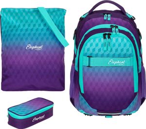 Schulrucksack 3 Teile Set Elephant Hero Signature Rucksack Mädchen Premium Schultasche Turnbeutel Mäppchen Box 12868 Violet Cube Türkis-Lila rtm