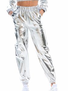 Damen Hohe Taille Hosen Sommer Hose Metallic Loungewear Casual Bottoms Fitness Tanz Hosen Silber, Größe:2XL