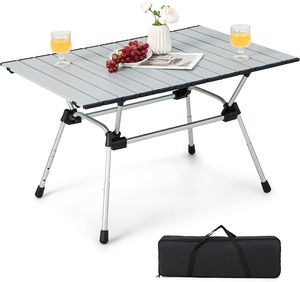 COSTWAY Campingtisch faltbar, höhenverstellbarer Falttisch mit Aluminium-Tischplatte, Klapptisch Gartentisch mit aufrollbarer Tischplatte, inkl. Tragetasche, 90 x 60,5 x 52 cm (Silber)