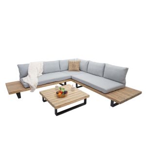 Záhradný set HWC-H54, sedacia súprava lounge set sofa, spun poly akáciové drevo s certifikátom~ vankúše svetlosivá