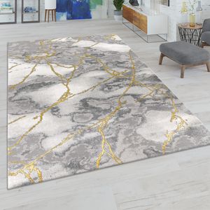 Wohnzimmer-Teppiche Grau Gold Weich Marmor Optik Kurzflor mit vers. Designs Grösse 160x230 cm